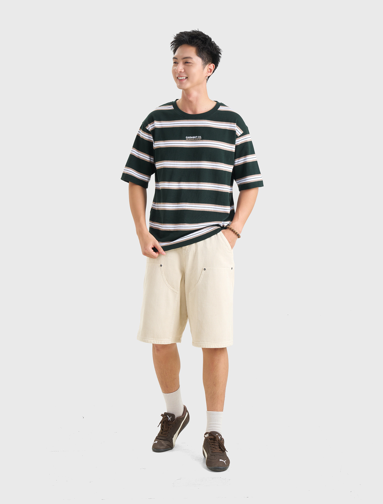 Áo phông nam cotton phối kẻ dáng rộng
