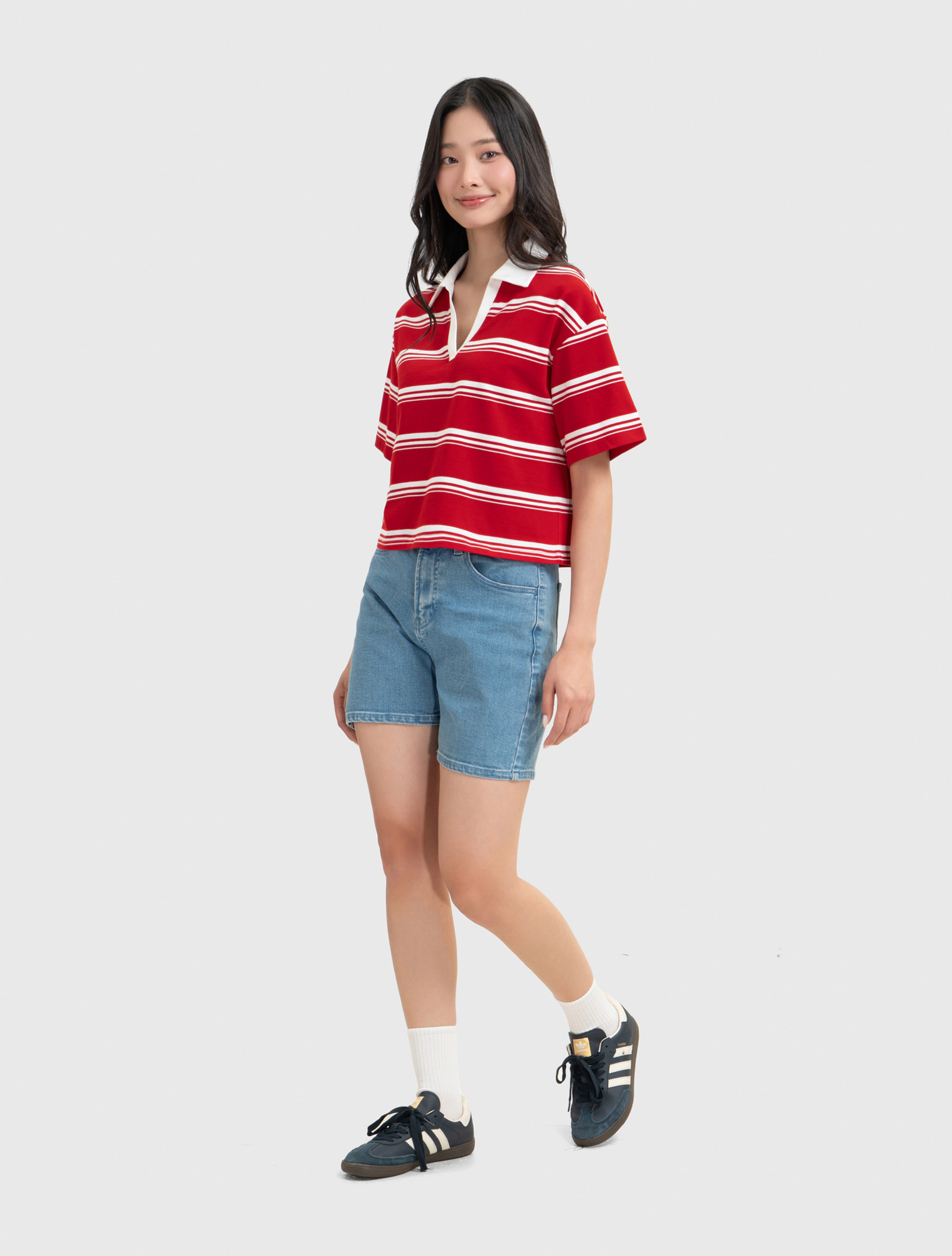 Áo polo nữ cotton kẻ sọc dáng rộng